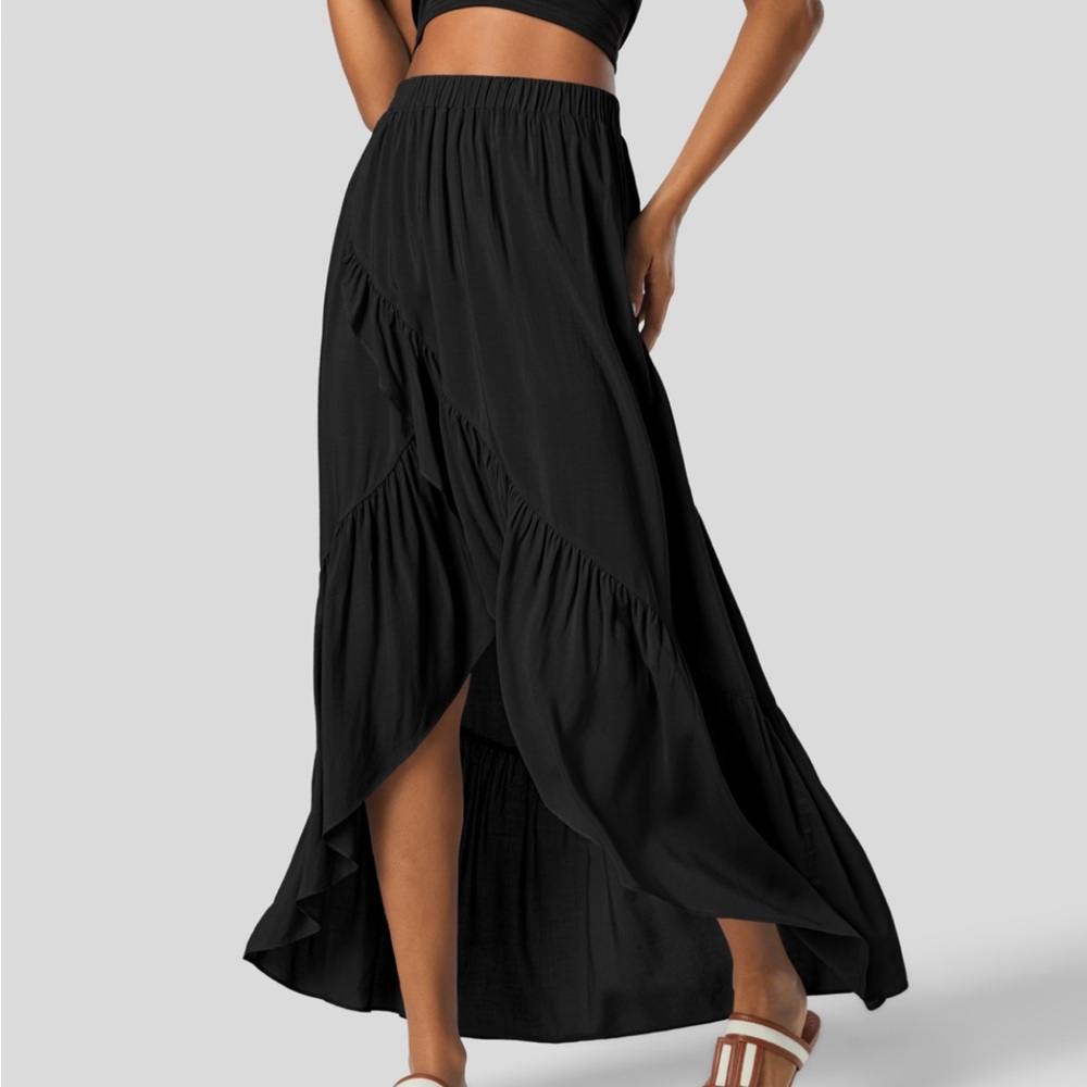 High Waisted Ruffle Hem Flowy Maxi Skirt